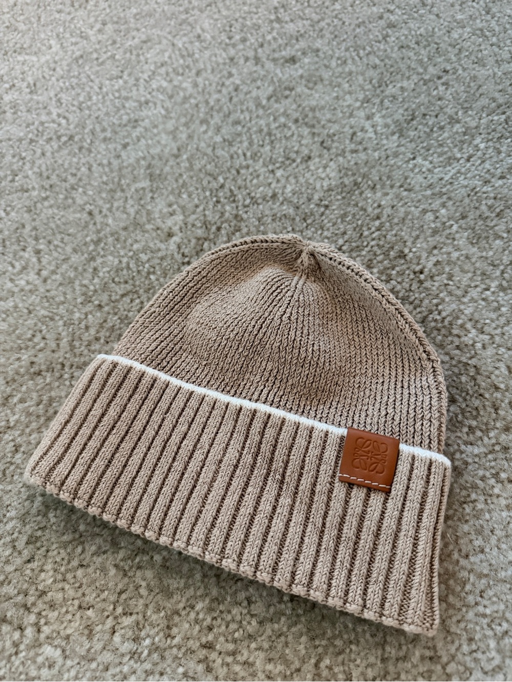 💯 authentic Loewe Tan Knit Beanie with Leather Logo Patch